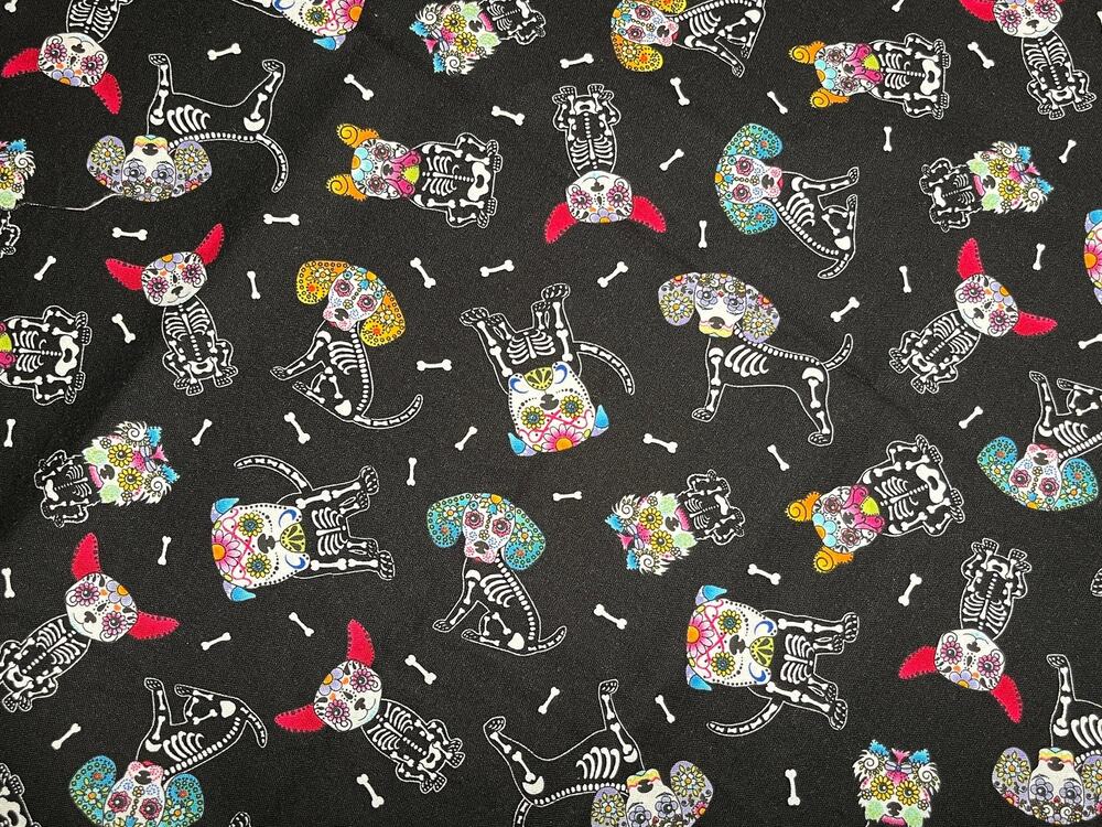 Sugar Skull Dogs on Black Cotton Fabric 3/4 yard | Destash